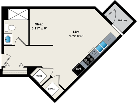 A diagram of a room layout with a sleeping area, a living area, a balcony, and a reference line.